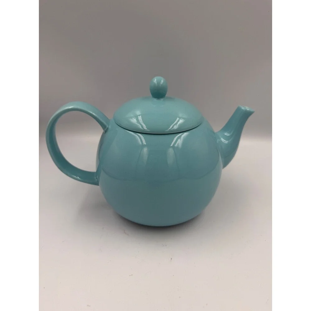 Turquoise Blue Ceramic Teapot with Lid Round Glossy Tea Pot 6 inch
